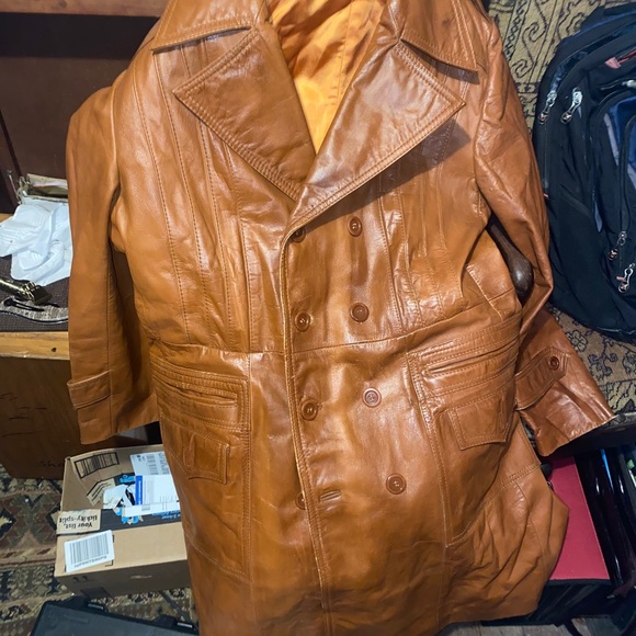 MENS VINTAGE BROWN LEATHER TRENCH COAT GREAT COND - Picture 2 of 13